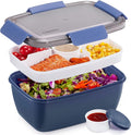 Caperci Large Salad Container Bowl for Lunch - Better Adult Bento Lunch Box 68 oz, 5-Compartment Tray, 2pcs 3-oz Sauce Cups, Stackable, BPA-Free (Navy)