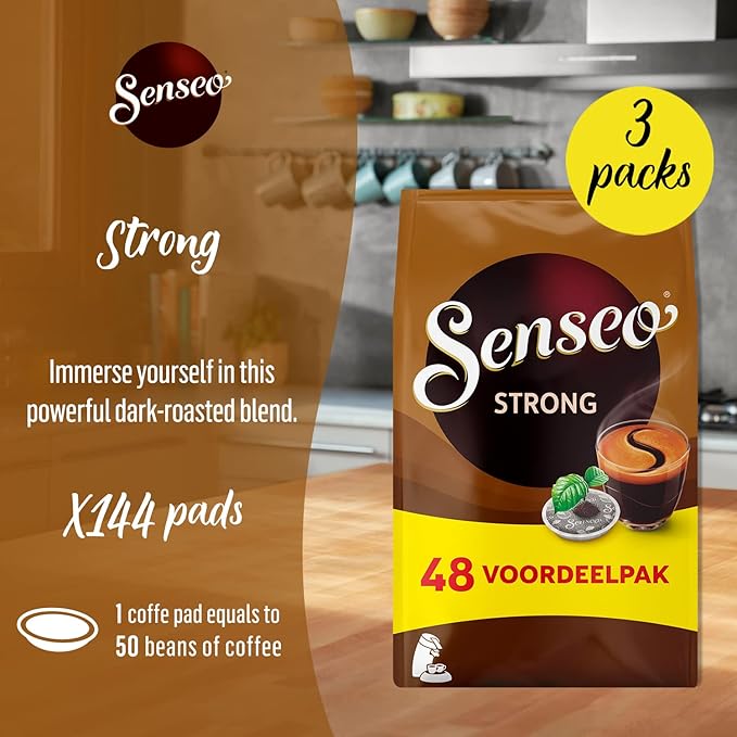 Senseo Strong Dark Roast Coffee Pods – 144 Count (3 Packs) – Bold & Intense Flavor with Rich Crema – Single-Serve Coffee Pads Compatible with Senseo & PeleCom Machines