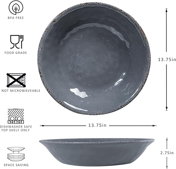 Farmhouse Large Melamine Serving Bowls,Set of 2, 130 OZ BPA Free 100% Melamine 13.75"x2.75" Salad and Pasta Serving Bowls, Bowls for Serving Food, Fruits And Pasta. Lightweight, Grey