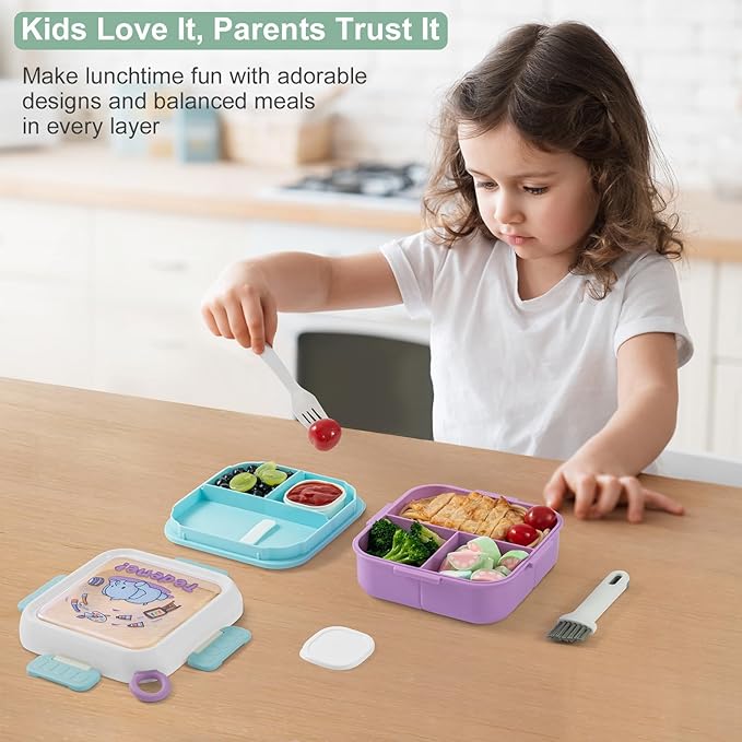 Bento Box for Kids Adults – Cute Cartoon 2-Layer Lunch Box with Fork, Sauce Cup & Brush, BPA-Free, 3-Compartment Square Snack Container with Handle for School, Office, or Travel (Purple)