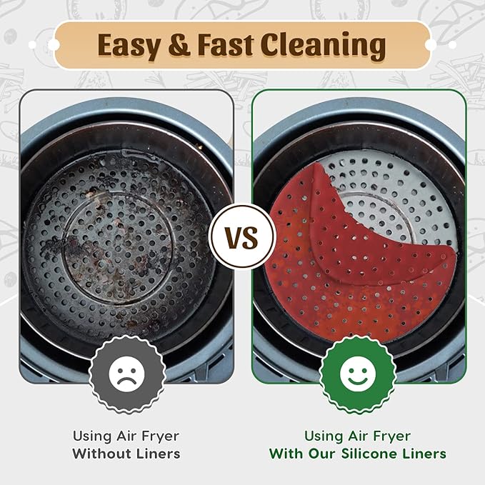 Reusable Round Silicone Air Fryer Liners (9 Inch, 3 Pack) by Linda’s Essentials - Non-Stick, Easy-Clean Accessories with Cheat Sheet & Recipe Book, Perfect for Quick Meals