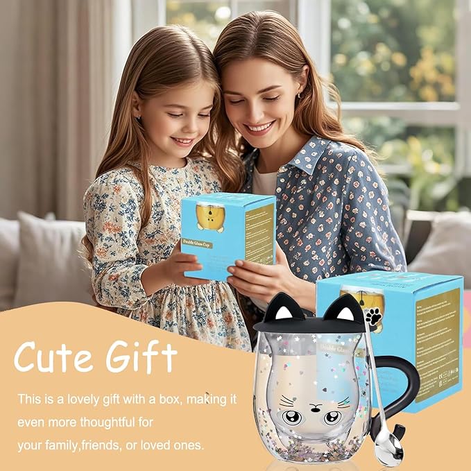 Gifts for Women Cat Gifts Double Walled Glass Coffee Latte Cup Cute Stuff Black Cat Mug Gifts for Her Christmas Stocking Fillers,Birthday,Valentines,Halloween Presents for Women,Men,Kid,Mum,Teacher