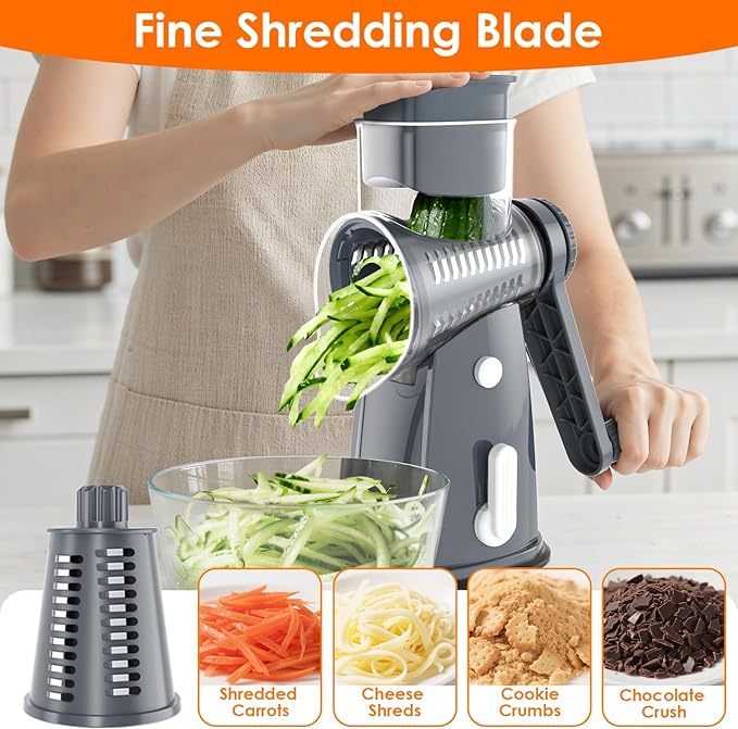 5 Blade Rotary Cheese Grater Hand Crank with Storage Box, Vegetable Chopper, Cheese Shredder for Cheeses, Veggies, Nuts - Easy to Use, Non-slip Suction Base, Gray