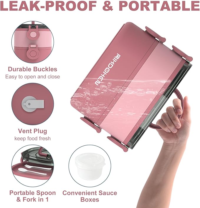 Lunch Box, Stackable 2 Layers Containers, Portable 64OZ Large Capacity Leakproof Bento Box with Spoon & Fork & Sauce Boxes, Microwave Safe Lunch Box for Kids and Adults