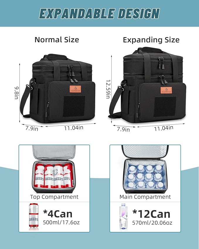 HSHRISH Lunch Box for men, Large Expandable Insulated Lunch Bag, Durable Waterproof Leakproof Tactical Cooler Bag for Adults Men to Work Picnic Beach Day Trips, 24 Cans/16 L, Black