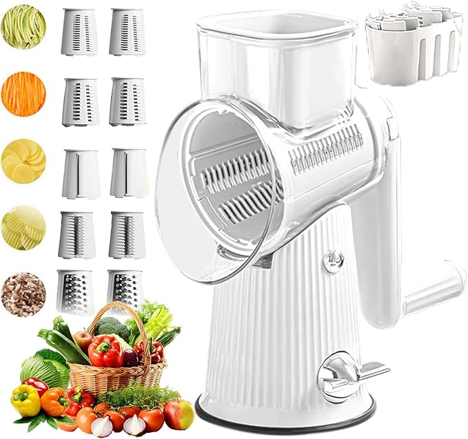 Sakesfor 5 In 1 Food Chopper,2025 New Sakesfor 5 In 1 Rotary Cheese Grater Vegetable Slicer,5 in 1 Hand Crank Food Chopper,Easy To Clean Kitchen Gadgets(White)