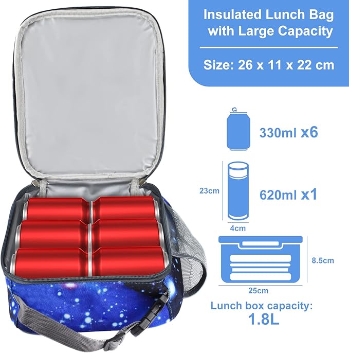 Insulated Lunch Bag, Leakproof Portable Lunch Box for Women Men Boys Girls, Large Capacity Cooler Bag with Handle and Bottle Pocket for Office School Camping Hiking Outdoor Beach Picnic (Stars)