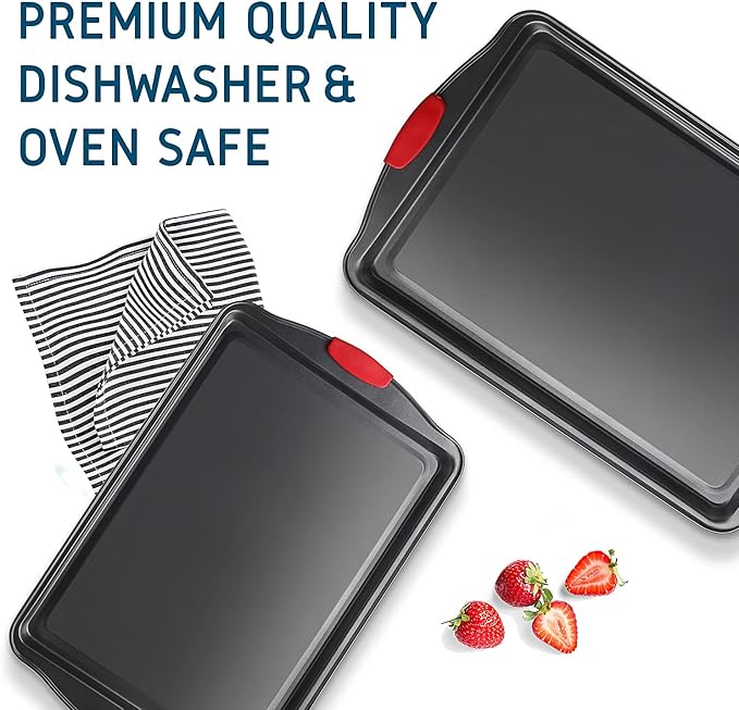 JOYTABLE Baking Sheet, 2PC Cookie Sheet Set with Silicone Handles, Nonstick Steel Baking Pan, Baking Sheets for Oven, BPA Free Baking Pans Set, Cookie Sheets– Black Bakeware, Small & Medium
