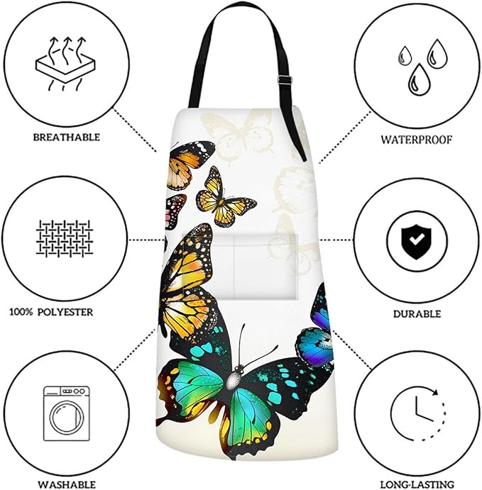 Britimes Watercolor Butterfly Animal Blossom Apron Home Kitchen Cooking Baking Gardening for Women Men with Pockets 32x28 inch