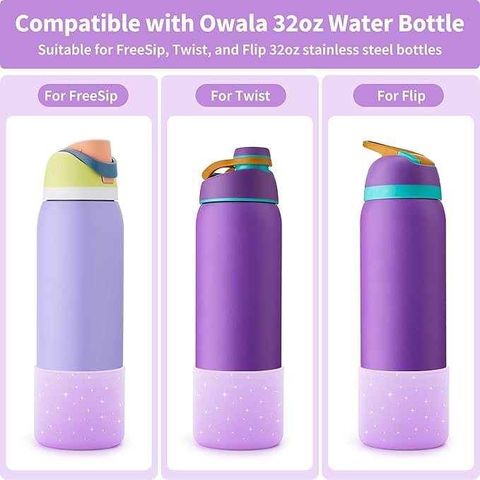 Silicone Water Bottle Boot for Owala 32 oz, Anti-Slip Protective Sleeve for Twist, FreeSip & Flip Stainless Steel Bottles, Bottom Base (Glitter Purple)