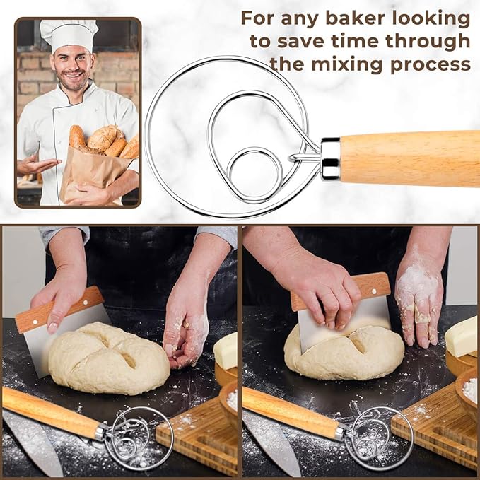 Danish Dough Whisk Bread Mixer，2 Pack Premium Stainless Steel Dutch Whisk With a Dough Scraper for Bread, Pastry or Pizza Dough - Perfect Baking
