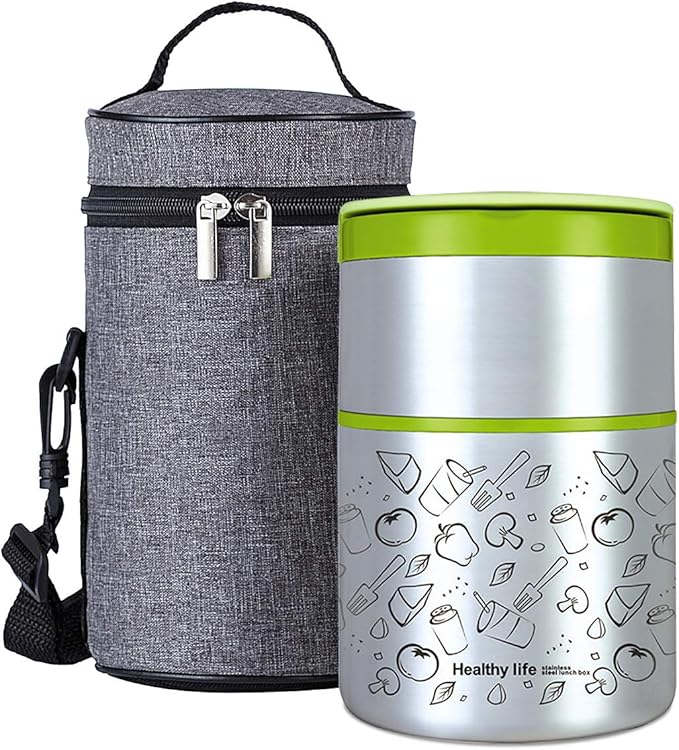 Lille Home Vacuum Insulated Stackable Stainless Steel Thermal Lunch/Snack box, 2-Tier Bento/Food Container with Lunch bag, Smart Diet, Weight Control, 32 Ounces