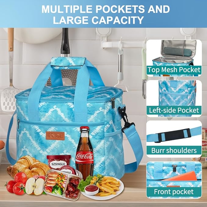 iknoe Large Cooler Bag Collapsible 24 Can Insulated Bags Leakproof Lunch Cooler Tote with Multi-Pockets for Adult Insulated Thermal Bag for Beach, Picnic, Office Work, Blue White