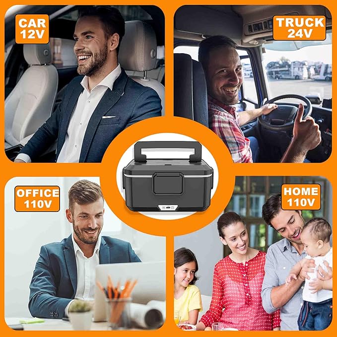 Nifogo Electric Lunch Box for Adults 2.5L 80W Portable Heated Lunch Box for Men 3 in 1 Portable Food Warmer 110V/12V/24V Removable Stainless Steel Container & Big Bag(2.5L-Black)