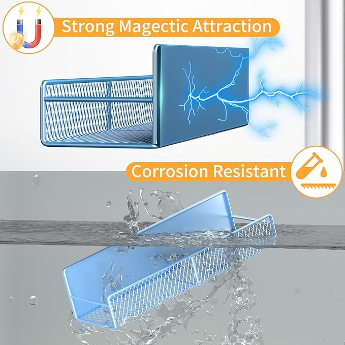 Magnetic Spice Rack for Refrigerator, 4 Pack 100% Metal Strong Magnet Fridge Shelves, Space Saving Spice Organizer, No Drilling Moveable Home Kitchen Laundry Room Storage Organization, Blue