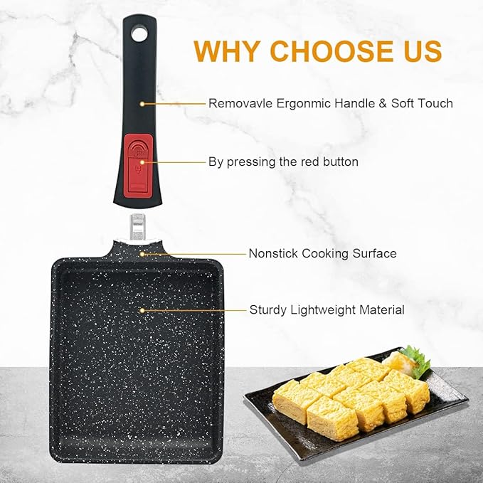 Nonstick Tamagoyaki Pan, Japanese Egg Omelette Pan Nonstick, Square Frying Pan with Detachable Handle, PFAS & PFOA-Free, Oven Safe