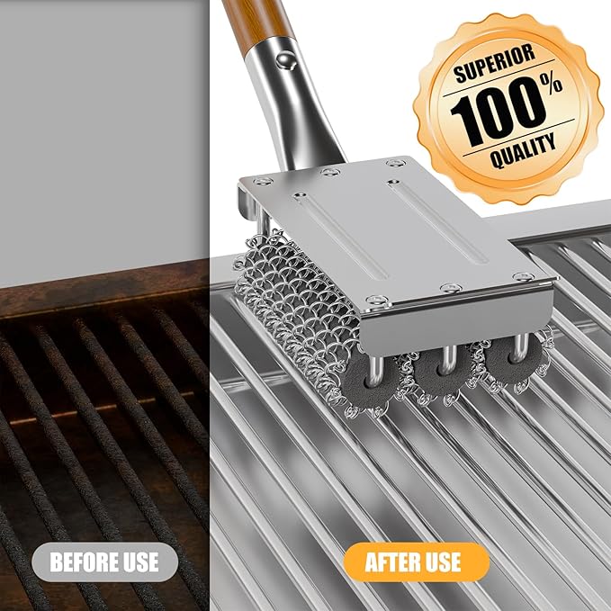 HOUSE AGAIN Grill Brush Bristle Free, 304 Stainless Steel Food-Grade Brush Head with Scraper, Safe BBQ Outdoor Grill Cleaning Brush Strong Barbecue Brush Cleaner Non Wire for Grill Grate/Wooden Handle