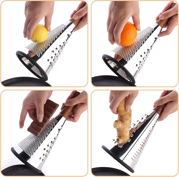 Cone Cheese Grater with Handle Stainless Steel Triple Function Wood Handle Parmesan Shaver Non-Slip Rubber Bottom Hand Held Multifunction Vegetables Cheese Grater with container (L: 10.6" X 4.7")