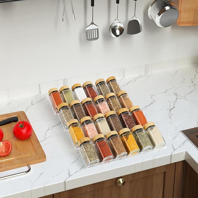 Spice Drawer Organizer 4 Tier, Acrylic Seasoning Organizer Rack, Clear Spice Rack Tray, Kitchen Seasoning Jars Drawers Insert (Jars Not Included/Expandable From 9" to 18")