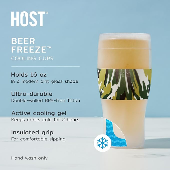 Host FREEZE Beer Glasses, Frozen Beer Mugs, Freezable Pint Glass Set, Insulated Beer Glass to Keep Your Drinks Cold, Double Walled Insulated Glasses, Tumbler for Iced Coffee, 16oz, Green Camo