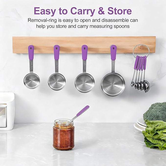 Measuring Cups and Spoons Set Stainless Steel 10 Piece for Cooking and Baking (5 Cups + 5 Spoons, Purple Handle)