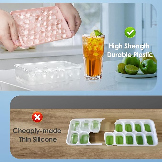 WIBIMEN Ice Cube Tray with Lid and Bin - Round Ice Trays for Freezer with Lid - Ice Cube Trays for Freezer with Ice Container (0.8"-2PACK Pink)