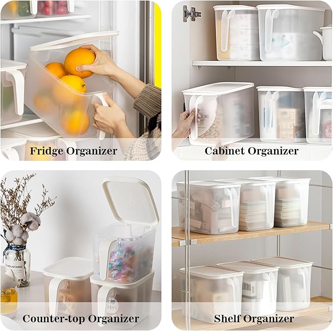 MineDecor 4 Pack 4.5L Plastic Storage Containers Square Food Storage Organizer Stackable Refrigerator Organizer Handle Kitchen Containers with Lids for Fruits Vegetables Meat Egg