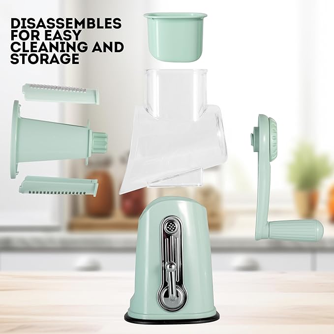 5 in1 Rotary Cheese Grater with Handle, Rotary Grater, Vegetable Slicer, Shredder, Carrot Grater, Nut Grinder, and Chocolate Shaver (Light Green)