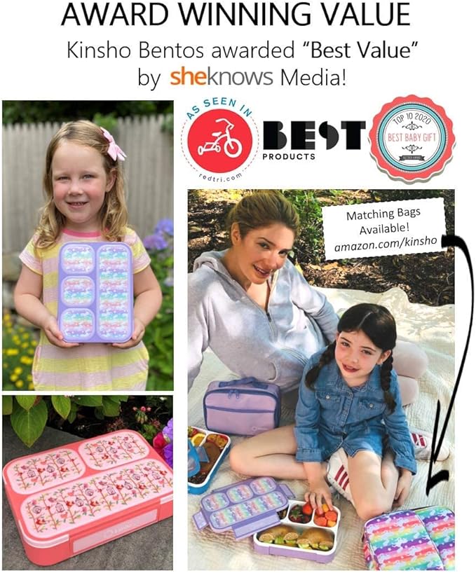 kinsho Bento-Box Lunch Box Kids Girls, Food and Snack Containers for Toddler Daycare, School Travel, Loncheras Para Ninas, Utensils Included (Purple Unicorn + Pink Flowers, 2 Pack)