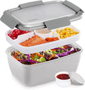 Caperci Large Salad Container for Lunch - Better Adult Bento Lunch Box 68 oz, 5-Compartment Tray, 2pcs 3-oz Sauce Cups, Stackable, BPA-Free (Gray)