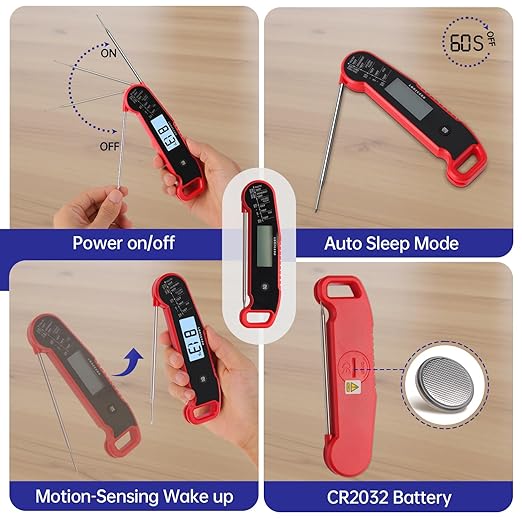 Lonicera Digital Meat Thermometer for Food Cooking. Instant Read Within 1 Sec and ±0.9℉Accuracy with Thermocouple Sensor. IP67 Waterproof, Auto-Rotating Display, Auto Wake up (Red)