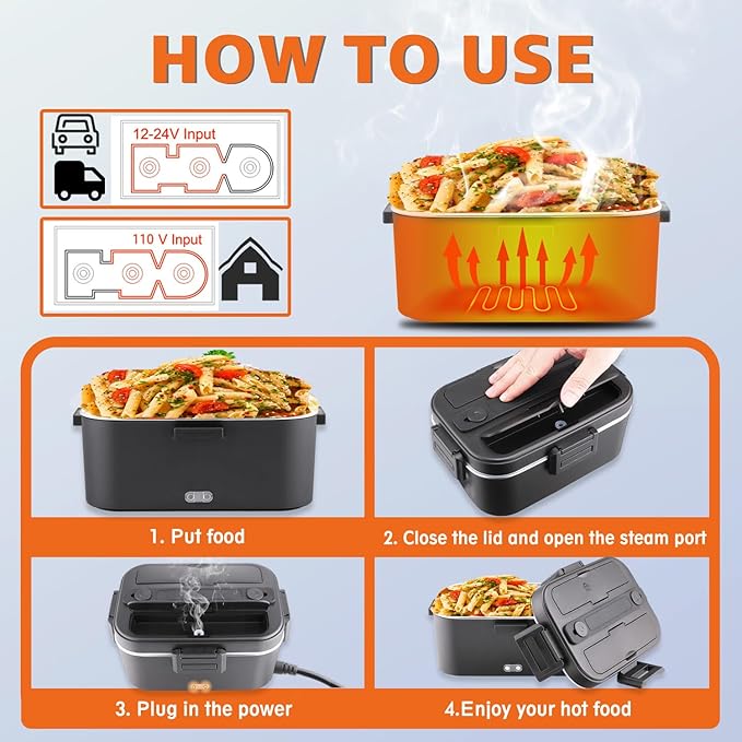 Nifogo Electric Lunch Box for Adults with 2 Stainless Steel Containers 1.8L 80W Heated Lunch Boxes for Men Electric LunchBox Food Heater Portable 12/24/110V for Work Car Truck (Black)