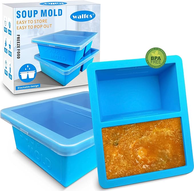 Walfos Extra-Large Silicone Freezing Tray with Lid, 1-Cup Freezer Tray for Storing and Freezing Broth, Sauce and Ice, 2 Pack