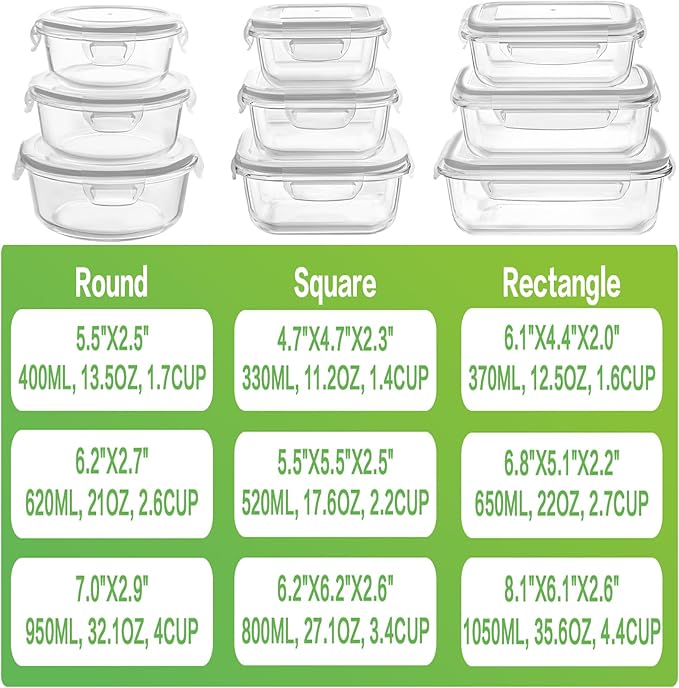 HOMBERKING Glass Food Storage Containers with Lids, [18 Piece] Glass Meal Prep Containers, Airtight Lunch Bento Boxes, BPA-Free & Leak Proof (9 lids & 9 Containers) - Grey