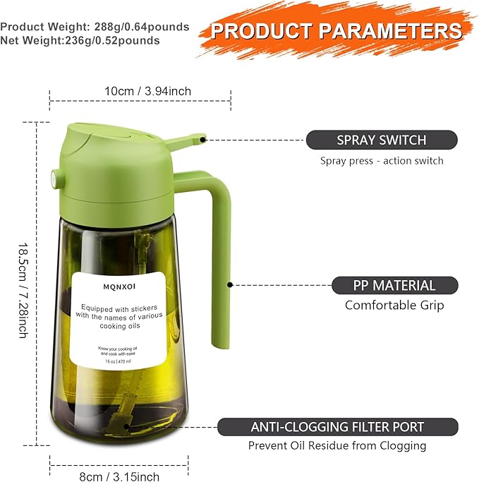 Oil Sprayer for Cooking, 2 in 1 Olive Oil Dispenser Bottle for Kitchen, 16oz/470ml Premium Glass, Food-grade Oil Mister for Air Fryer, Salad, Frying, BBQ (Green + Dark Green Bottle)