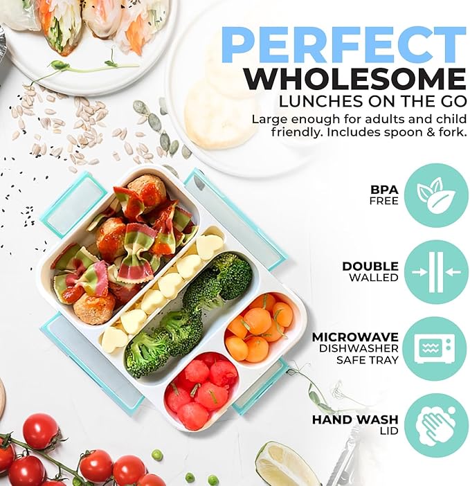 Bento Lunch-Box for Adults Kids Lunches, Portion Control Container Boxes for Women Girls Boys | Leak-proof Snack Containers, BPA-Free Utensils5 Compartments | Blue & Green 2 pack Set