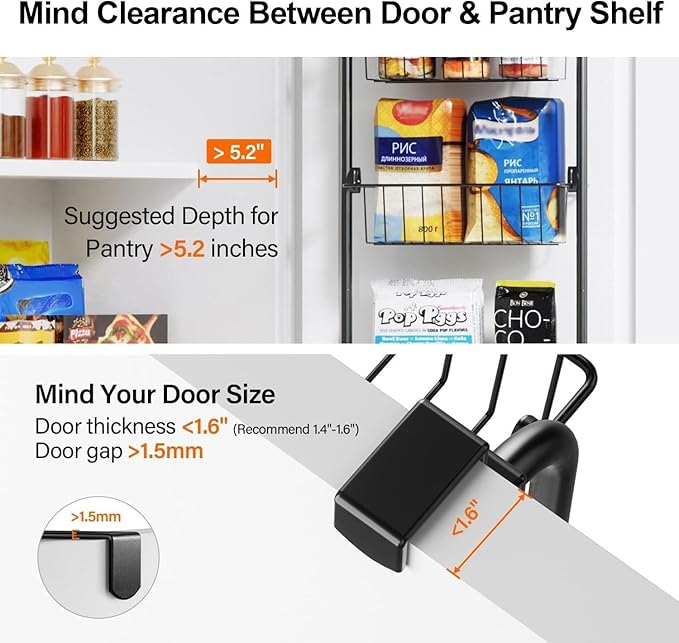 Delamu Narrow Over the Door Pantry Organizer, 6-Tier Metal Pantry Door Organization and Storage for Easy Install, Hanging Spice Rack Seasoning Shelves for Cabinet & Kitchen, D5 x W13 x H50 inch, Black