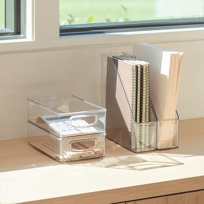 mDesign Small Plastic Office Storage Container Bins w/Handles for Organization in Filing Cabinet, Closet Shelf, Desk Drawers, Organizer for Notes, Pens, Pencils - Ligne Collection, 2 Pack - Clear