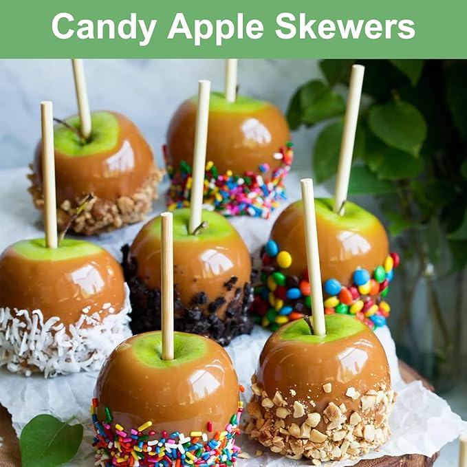 Bamboo Candy Apple Skewer Sticks Semi Pointed, 5mm 5.5inch Cotton Rock Candy Caramel Lollipop Sticks, Natural Wooden BBQ Barbecue Skewer for Corn Dog 50 PCS