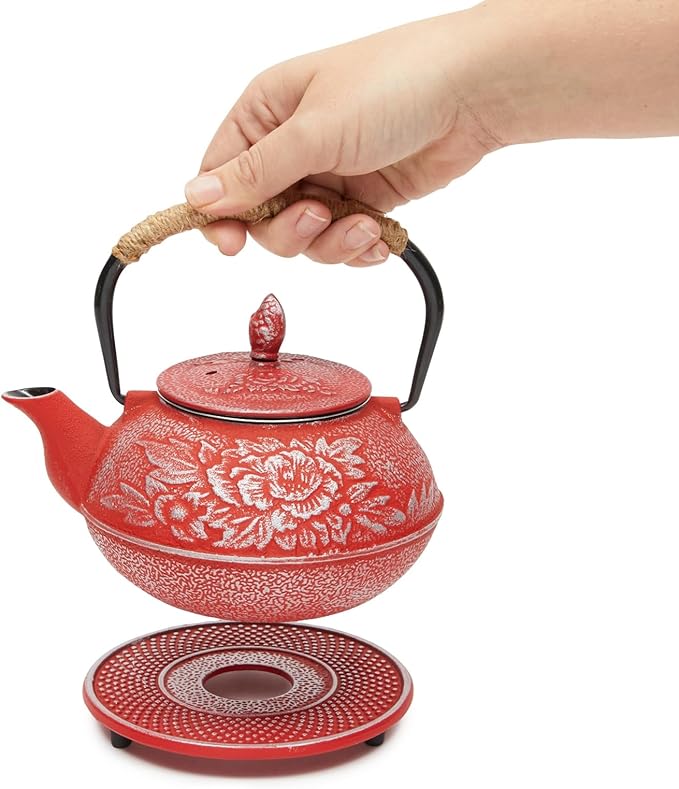 Juvale Japanese Cast Iron Teapot with Infuser - Red, 27 oz (800 ml), 3-Pc Teapot Set - Stovetop Kettle for Loose Leaf Brewing - Removable Stainless Steel Infuser & Trivet Included