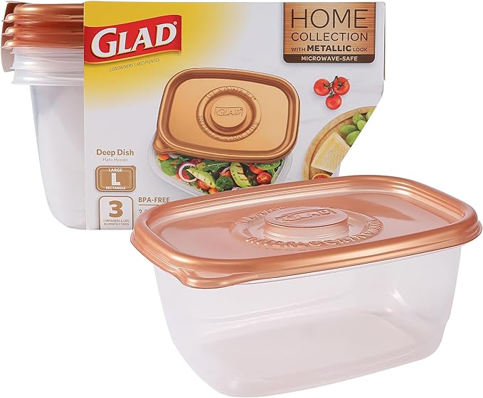 GladWare Home Deep Dish Food Storage Containers, Large Rectangle Holds 64 Ounces of Food, 3 Count Set | With Glad Lock Tight Seal, BPA Free Containers and Lids
