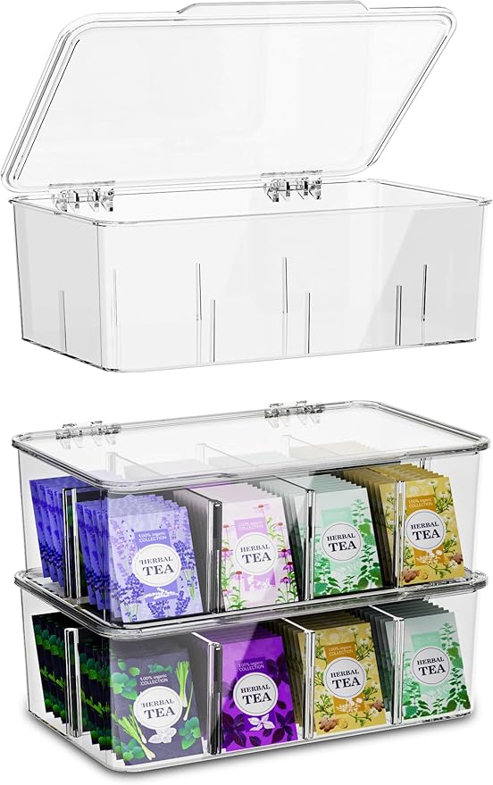 Utopia Home Tea Bag Organizer - Stackable Tea Bag Storage Organizer with Clear Top Lid- Tea bag holder For Counter tops, Kitchen Cabinets, Pantry, Sweeteners (Clear, Pack of 6)
