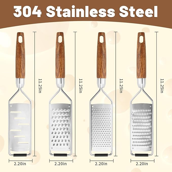 SHIKORI Stainless Steel Cheese Grater with Natural Wood Handle for Parmesan Cheese Lemon, Ginger, Cheese, Nutmeg, Potato, Chocolate and Garlic, With Protective Cover-Round Hole