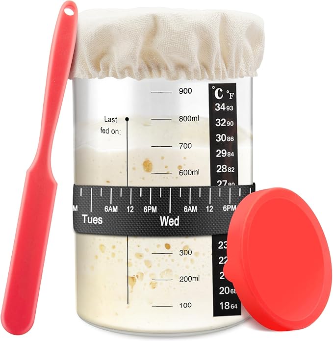 Sourdough Starter Jar, 35OZ Glass Sourdough Jars Wide Mouth With Red Silicone Cap, Sourdough Starter Kit with Date Marked Feeding Band, Thermometer, Cloth Cover