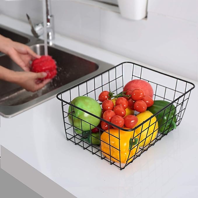 LeleCAT Wire Baskets with Handles, Wire Storage Organizer Baskets, Household Refrigerator for Cabinets, Pantry, Closets, Bedrooms - Set of 4（Black)