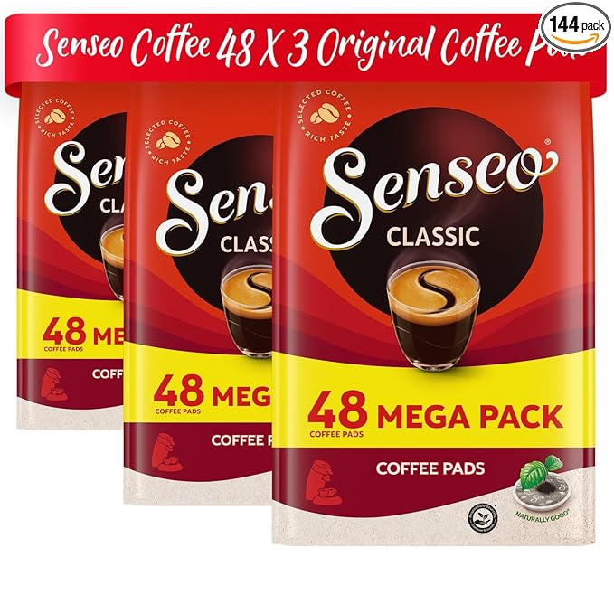 Senseo Classic Medium Roast Coffee Pods – 144 Count (3 Packs) – Smooth, Balanced Flavor with Rich Crema – Single-Serve Pads Compatible with Senseo & PeleCom Machines