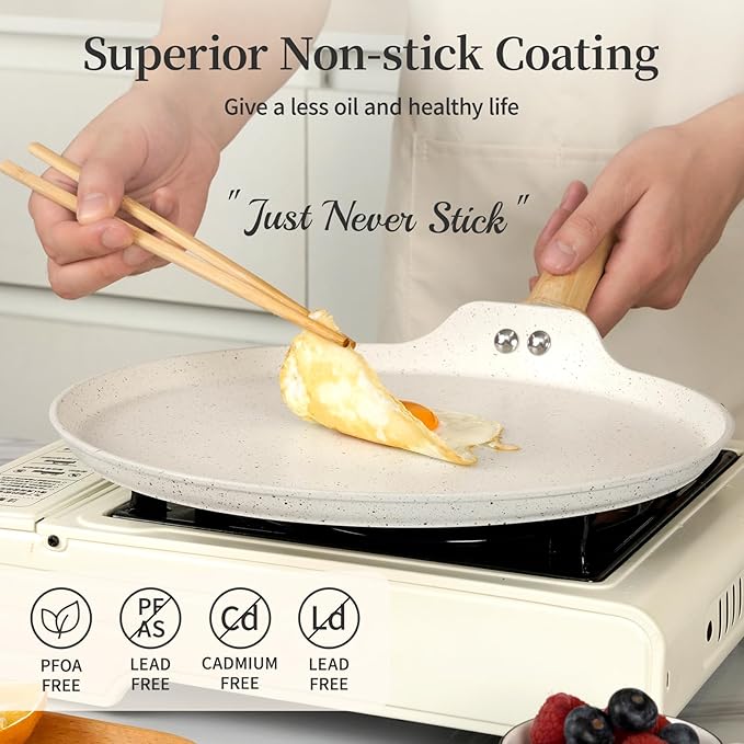 Innerwell Nonstick Crepe Pan, Granite Coating Flat Skillet Dosa Tawa Tortilla Pan, 10 inch White Pancake Griddle Roti Pan With Stay-Cool Handle, Induction Compatible, PFOA Free