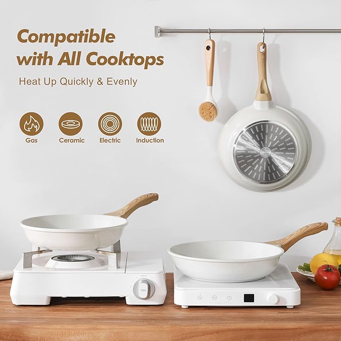 SENSARTE Nonstick Frying Pan Skillets, White Ceramic Coating Omelette Pans, Healthy Cookware Chef's Pan, PTFE & PFAS Free (9.5+11 Inch)