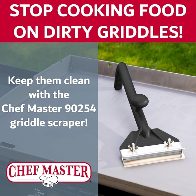 Chef Master Griddle Scraper w/Replacement Blade & Grill Scrubber Combo, Commercial Flat Iron Grill Griddle Scraper for Home, Diner, Bar & Restaurant, Flat Top Iron & Blackstone Accessories - 90254