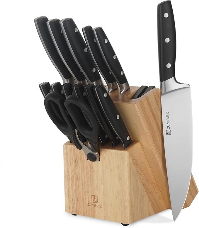 Kitchen Knife Set, Professional 13 Piece Knife Set with Block and Sharpener, Sharp Chef Knife Set, Ideal for Home and Restaurants, Elegant Black